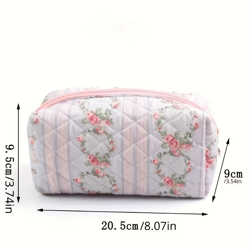 Pretty Floral Print Large Capacity Portable Makeup Bag With Zipper Cute Sweet Girls Women Travel Makeup Brush Storage Pouch