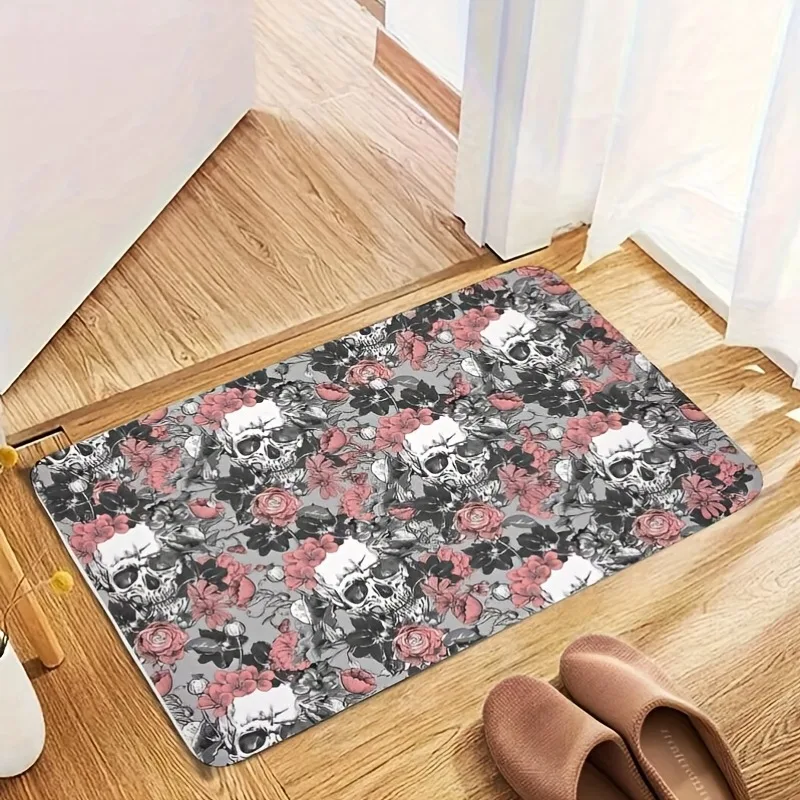 

1 шт., кухонный ковер с черепом и цветами на Хэллоуин, нескользящий дверной коврик, поп-дизайн, коврик для ванной комнаты, коврик для ванной, ковер для домашней раковины, декор для стирки