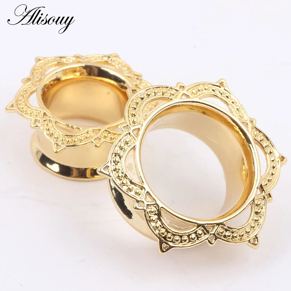 Alisouy 2 PCS Gold Color Plug & Tunnel Ear Jewelry Ornate Stainless Steel Body Piercing Jewelry Ear Expander Gauge 6 to 16 mm