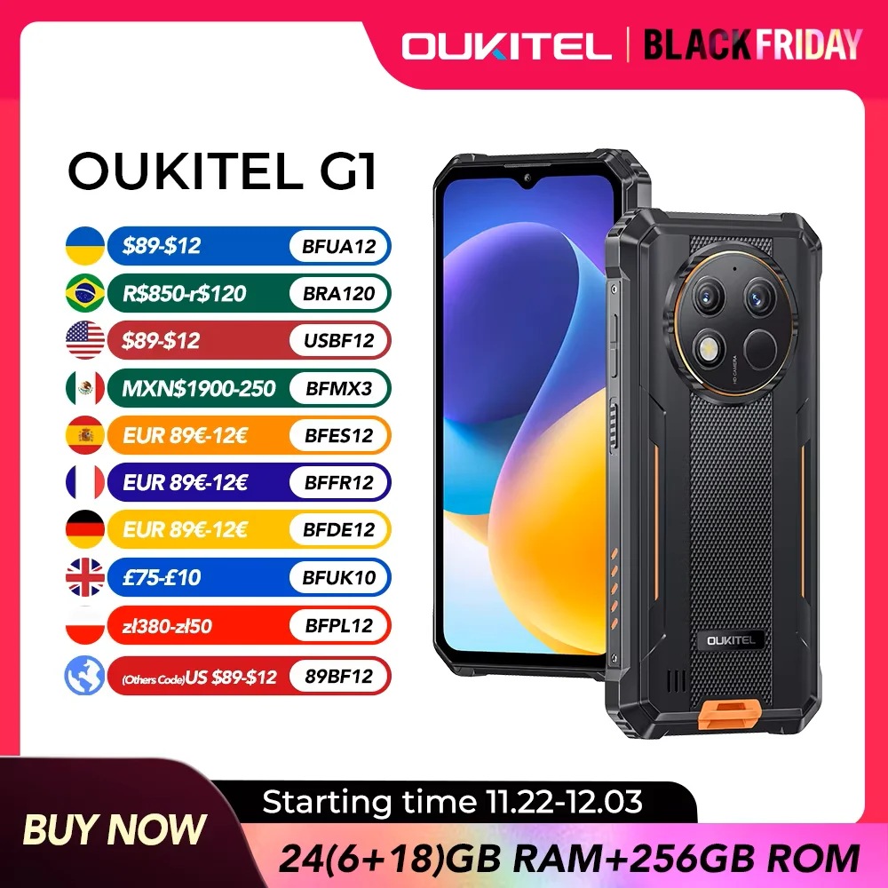 Oukitel G1 Rugged smartphone Android 6.52‘' 10600mAh 24GB+256GB Android14 48MP HD+ Camera cell phone