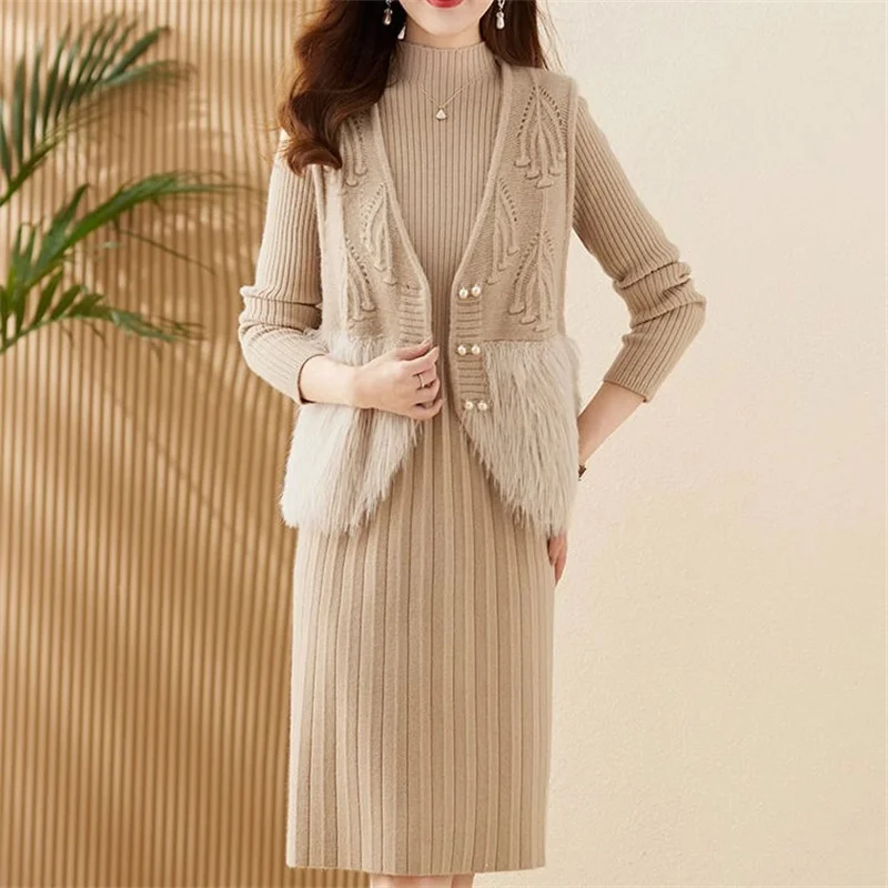 High End Temperament Woolen Sweater Set, Women\'s Autumn Winter Knitted Dress Medium Length Two-piece Vest With Bottom Wool Dress