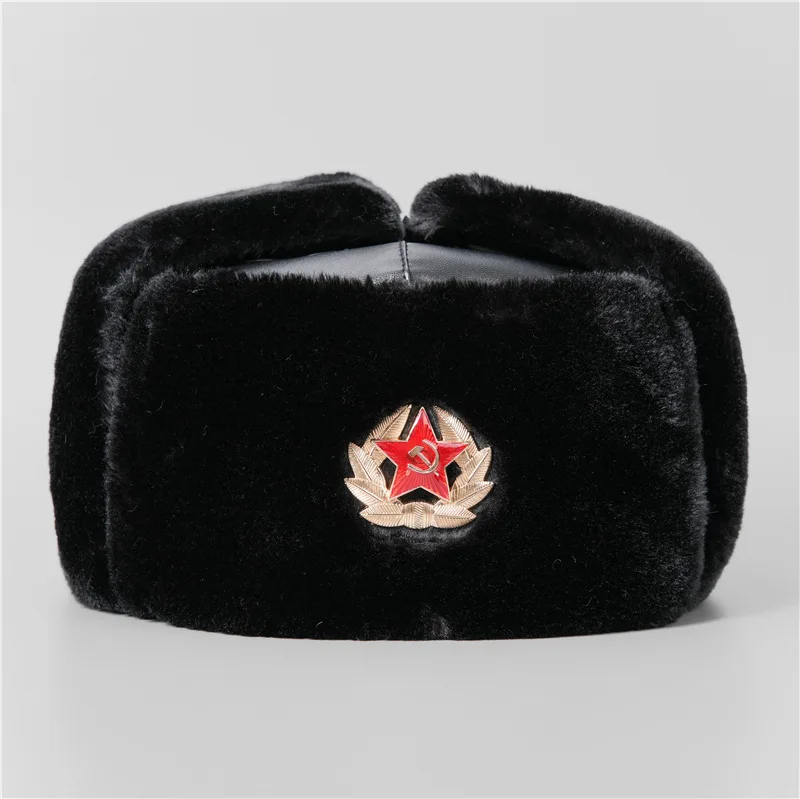 

Black Velvet Security Guard Lei Feng Hat, Northeast Windproof and Warm Thickened Leather Hat, Cold-Resistant Cotton Hat