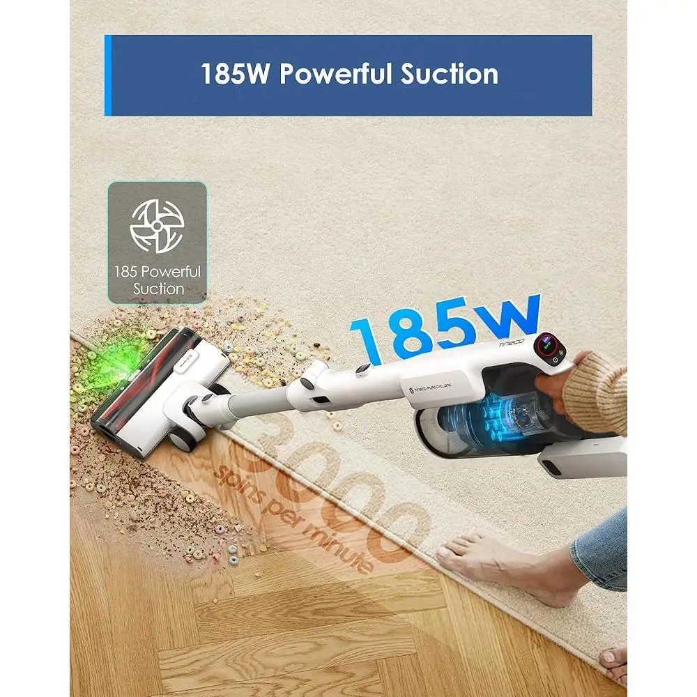 무선 스틱 진공 청소기 185W 흡입 70분 런타임 1L 쓰레기통 3DSense 파워 브러시 ZeroTangle 헤어 브러시 HEPA 필터