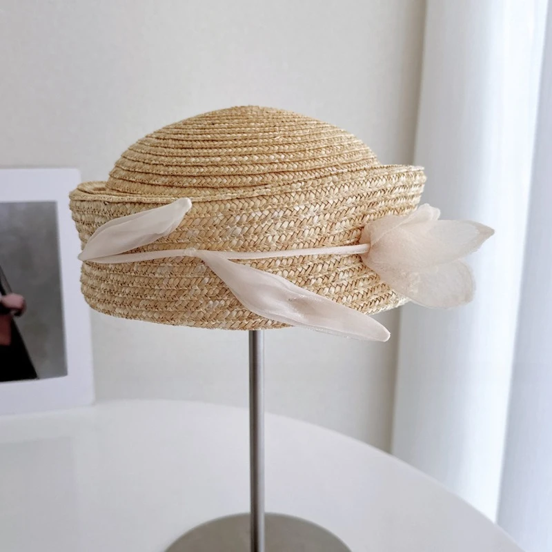 

Fashionweek Summer Sailor Hat INS Blogger Round Straw Hat for Women French Beach Hard Beret Sun Pillbox Hat