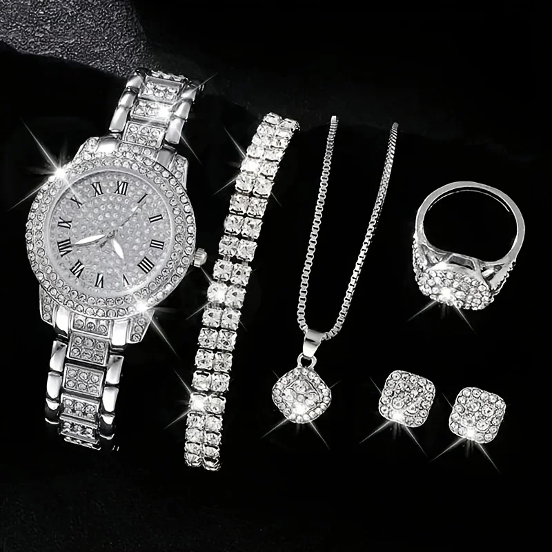 6pcs Elegant Women'S Watch and Fashion Jewelry Set, Suitable For Birthday, Christmas, Best Gift Clock For Friend And Family
