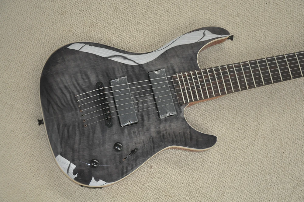 7 Strings Golss Black Electric Guitar with 24 Frets,Rosewood Fretboard,Flame Maple Veneer,Customizable