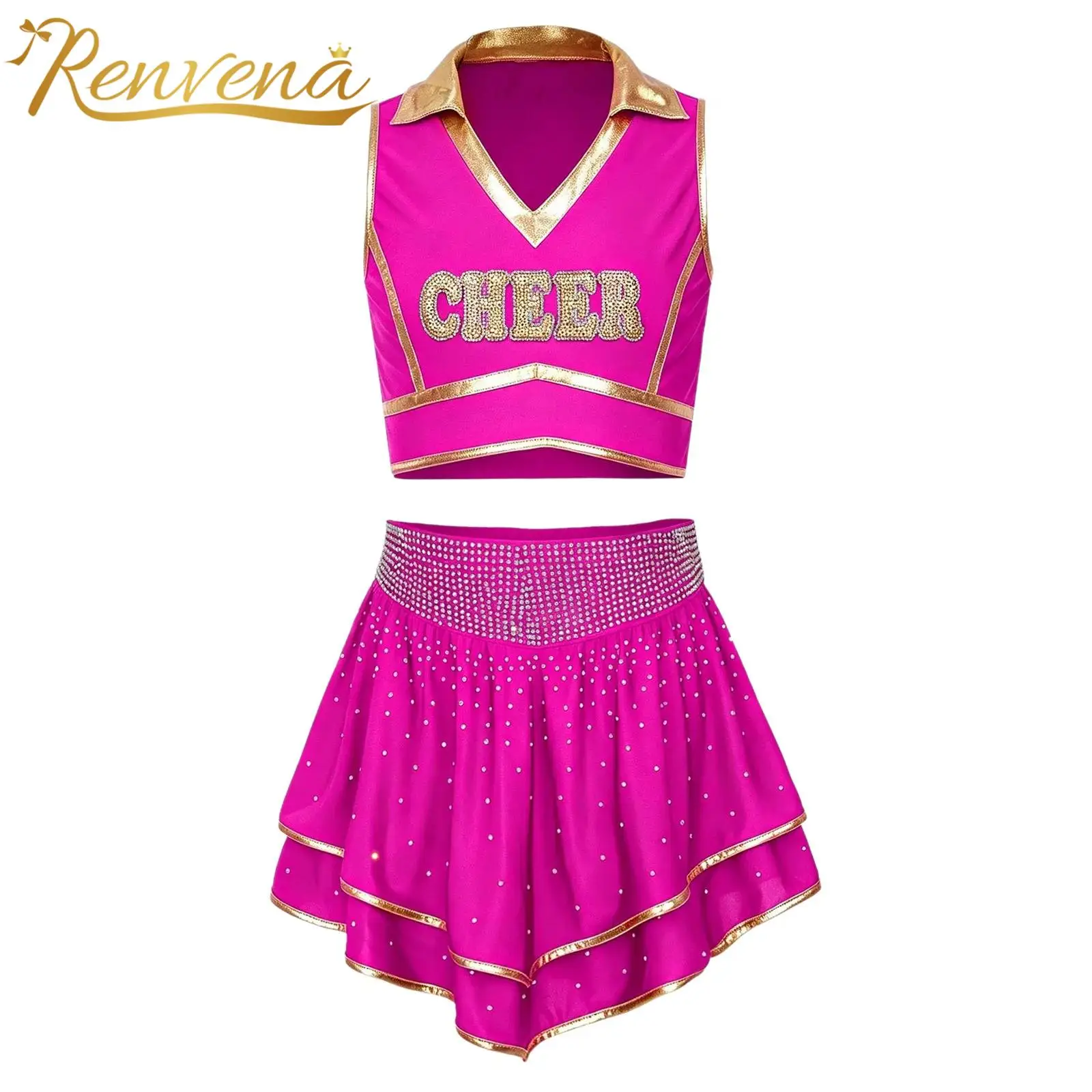 School Girls Cheerlead Outfit Sleeveless Crop Top Skirt Child Cheerleading Uniform Dancewear Sets Kids Cheer Dance Costume