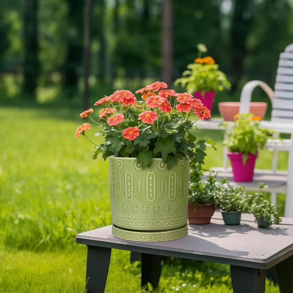 

Ceramic Pot for Plants - 10 Inch Indoor Plant Pots with Drainage Holes and Saucer, Boho Round Planter Outdoor, Decorative Large