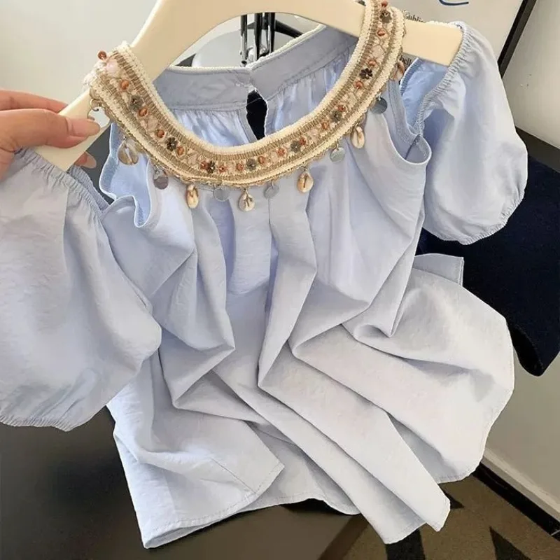 Women's 2026 New High-end Heavy Industry Beaded Round Neck Off-the-shoulder Loose Top Korean Seaside Vacation Style Blue Shirt