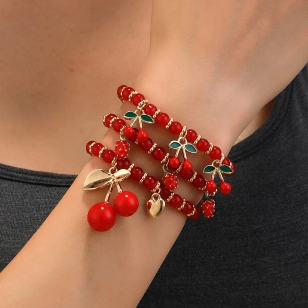 Cute Beaded Stackable Bracelet Set Fruit Strawberry Red Cherry Hand Chain Lightweight Heart Hand Jewelry Festival Gift