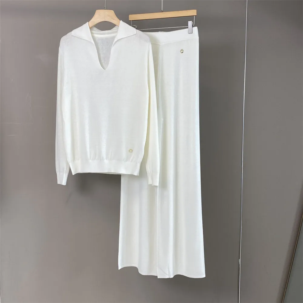 

25 Early Autumn New High-quality lapel Collar Wool Long Sleeved Knitted Top+Straight Leg Pants Two-Piece Set