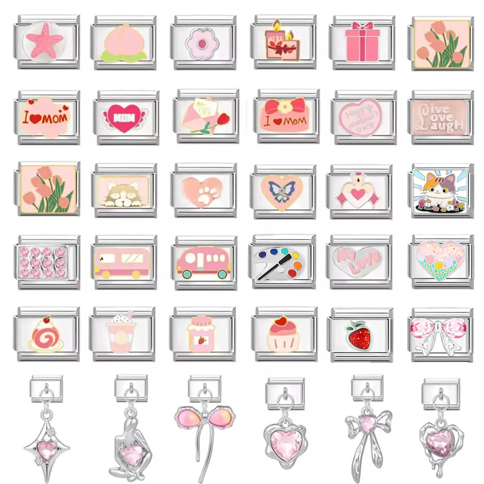 Sweet Pink Peach Heart Cake Flowers Cats Italian Charm Link Bracelet Fit 9mm Stainless Steel Bracelet Jewelry DIY Making Gifts