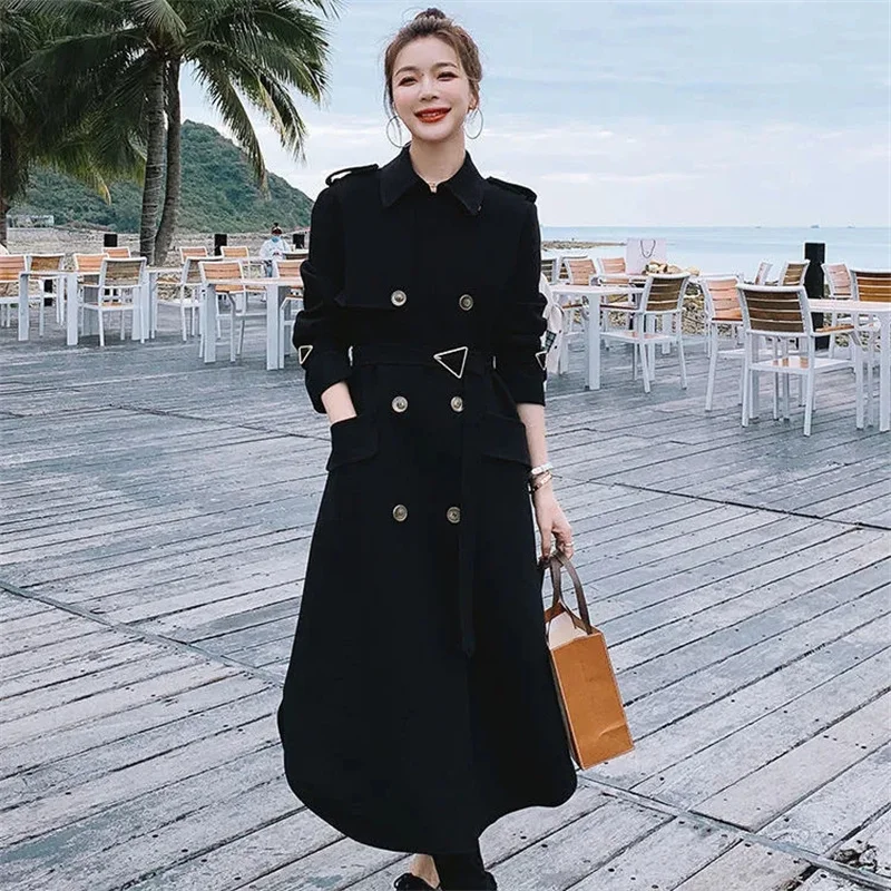 2024 Autumn Women Elegant Black Long Trench Coat With Sashes Lapel Double-breasted Long Sleeve Casual Female Windbreaker Outwear