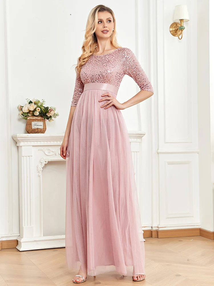 Lucyinlove-Robe de soirée longue en mousseline de soie pour femmes, col rond, paillettes roses, manches courtes, demoiselle d'honneur, fête de mariage, Maxi