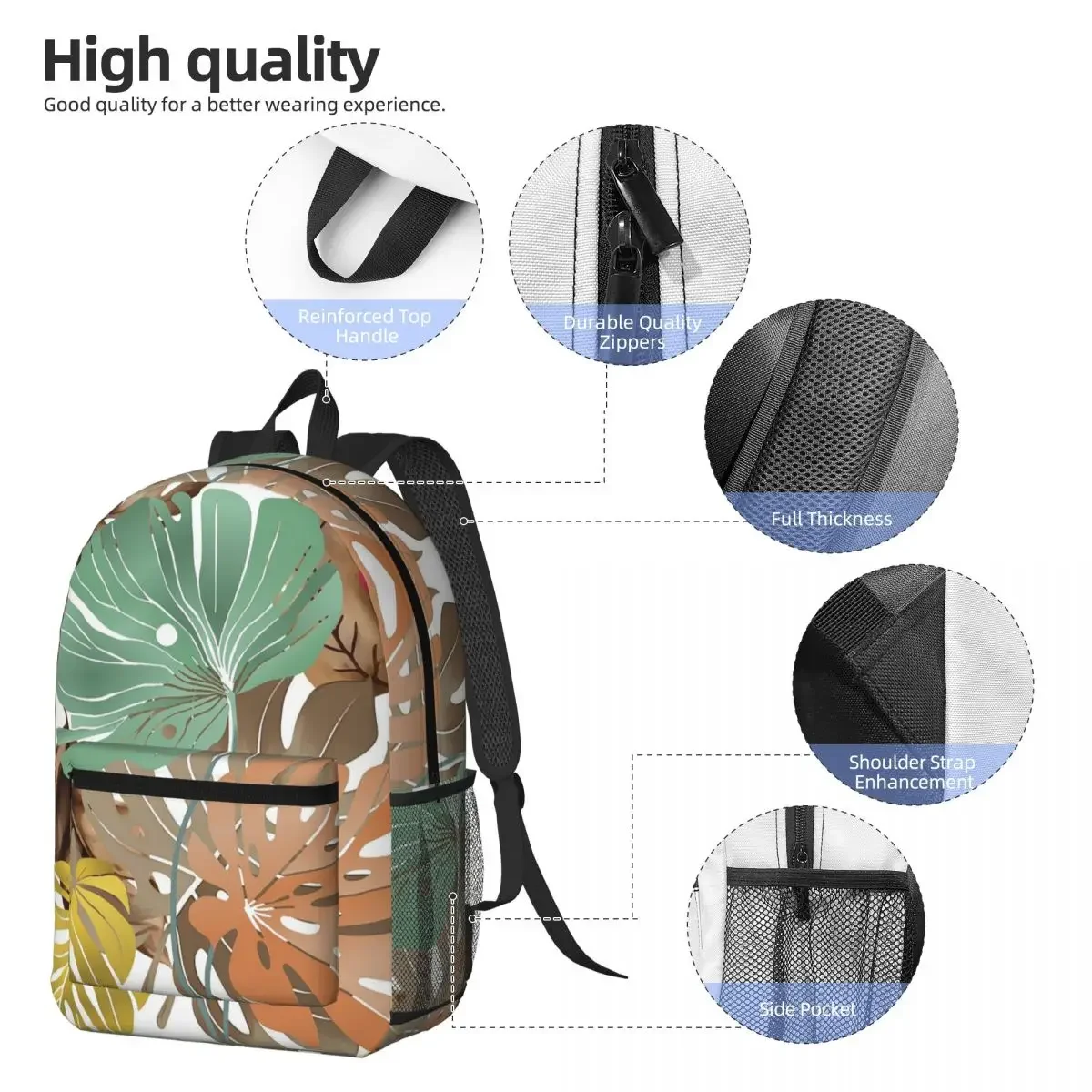 Light Colored Tropical Various Leaves Backpack Daypack Large Capacity Children BookBag School Bag Shoulder Bags for Men Women