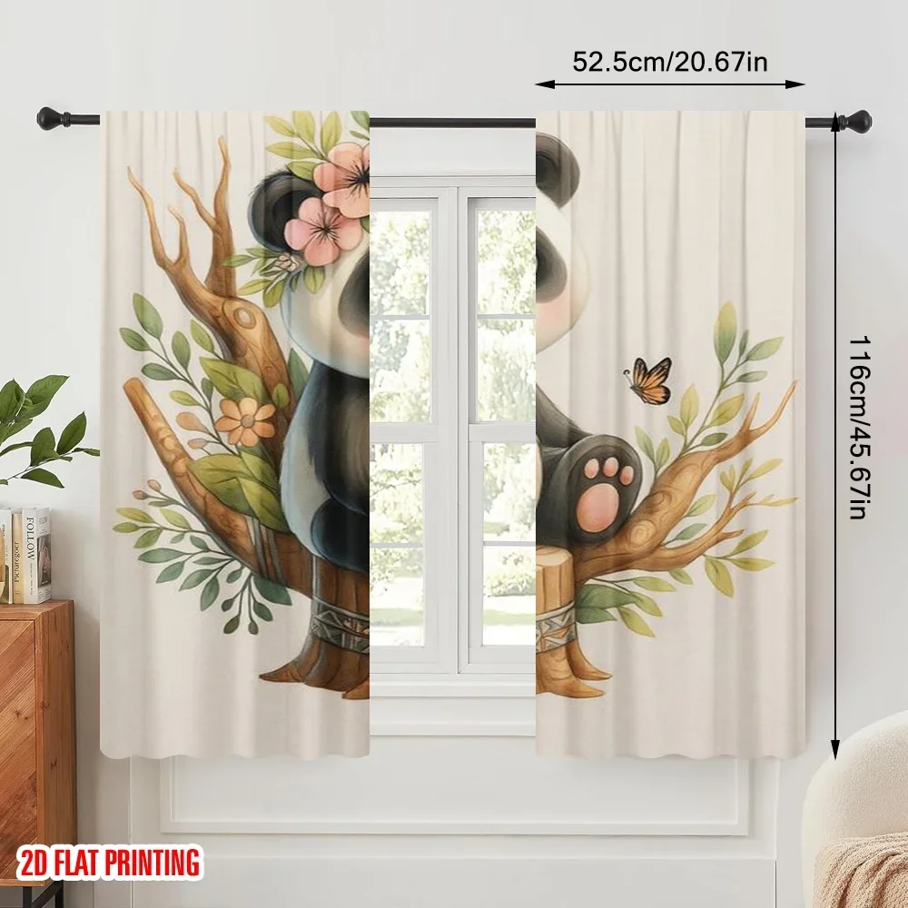 2pcs,2D plane printing Popular Curtain Panels Blossom Panda Polyester Fabric (without rod) Decorations Outdoor Ldeal for Living