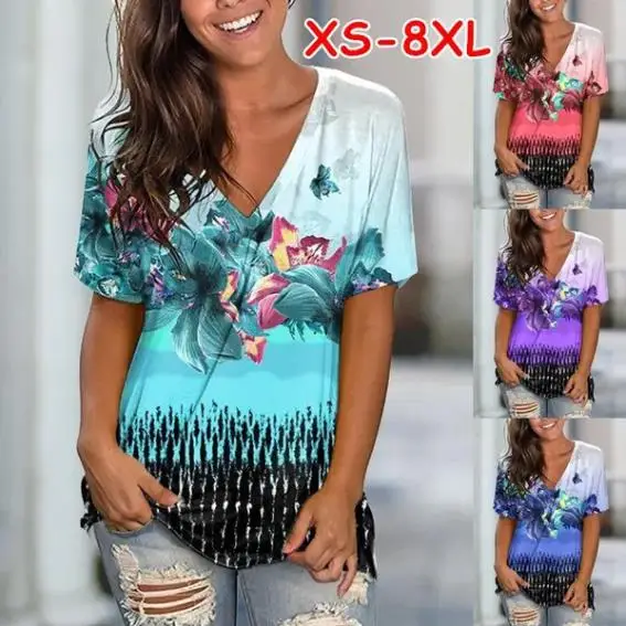 

XS-8XL Summer Women's Abstract Cool Printed Short Sleeves V Neck Female Casual Pullover Fashion Tops Elegant T Shirts New Design