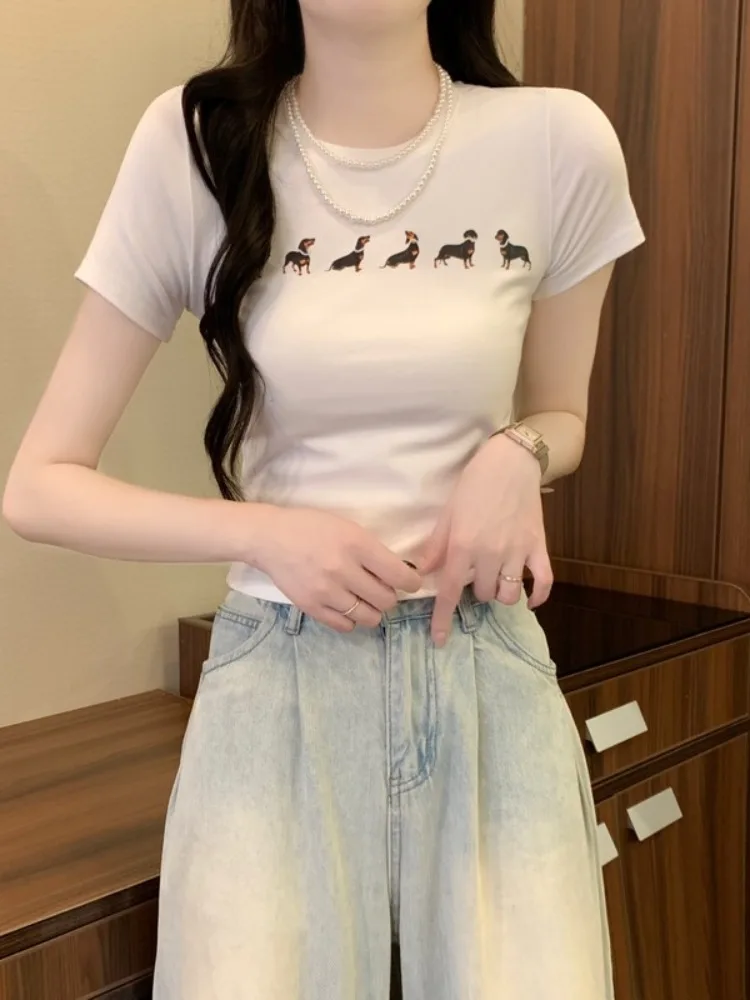 T-shirt ort Sve con stampa cane bassotto carino T-shirt estiva da donna slim fit in cotone rotondo Ne Top oulder Lunghezza Youth Sle