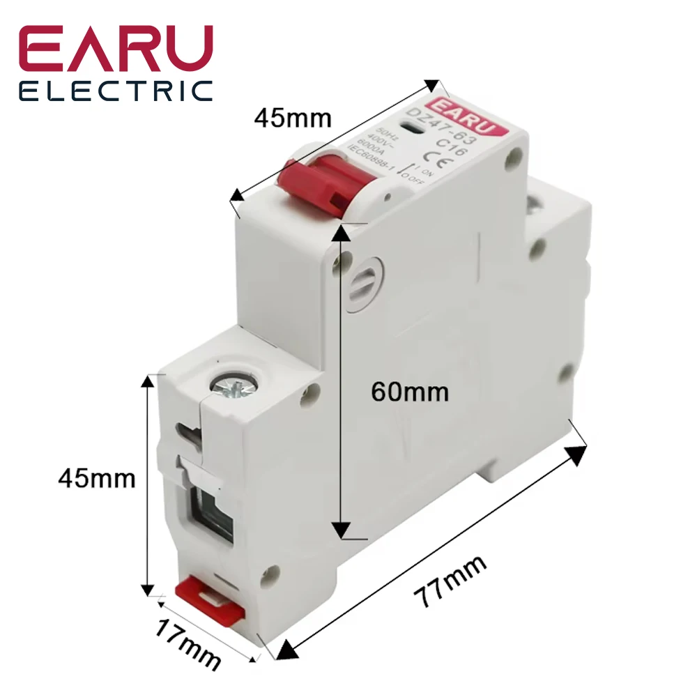 1P AC MCB DZ47-63 C Type 230/400V~ 50HZ/60HZ Mini Circuit Breaker 3A 6A 10A 16A 20A 25A 32A 40A 50A 63A Mounting 35mm Din Rail