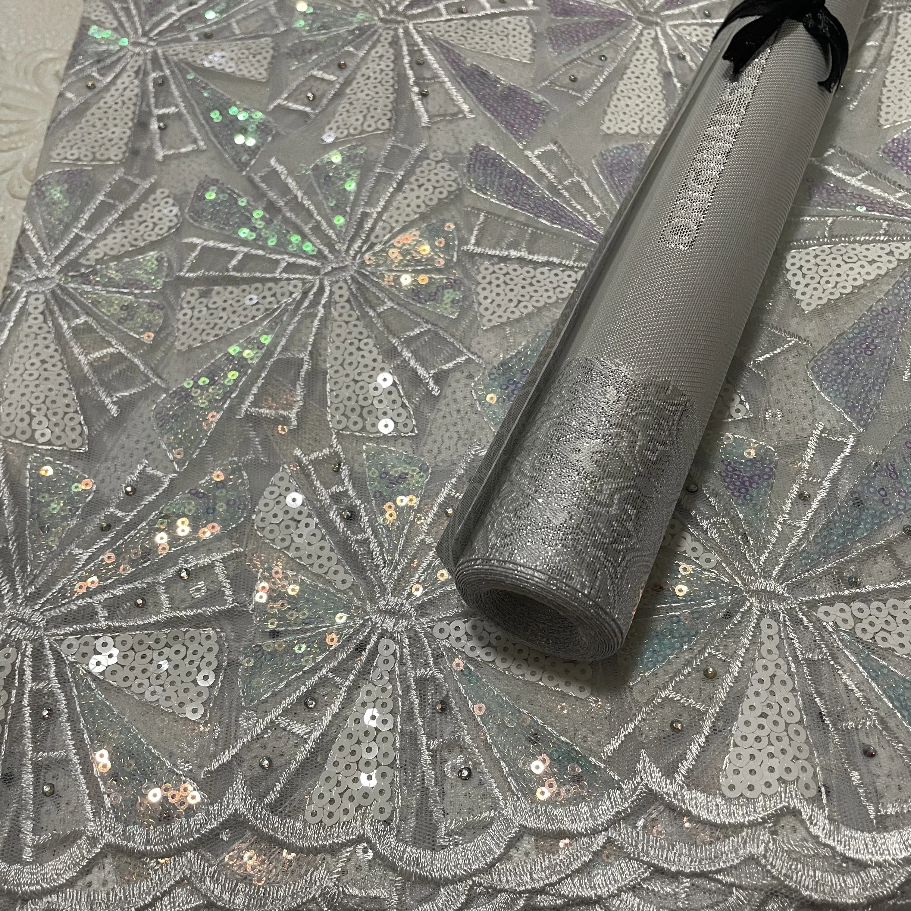 Luxury Nigerian Voile Net Lace Fabric High Quality African Guipure French Lace Material 5Yards With 3D Sego Headtie Wrap 2PCS