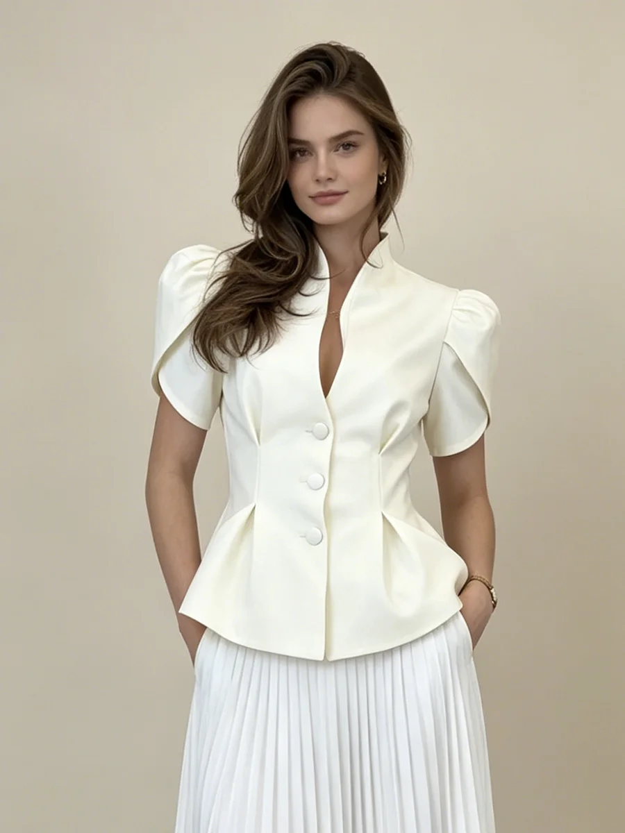 LIMO Elegant Puff Sleeve Blazer Top, Women's V Neck Button Up Peplum Office Blouse, White