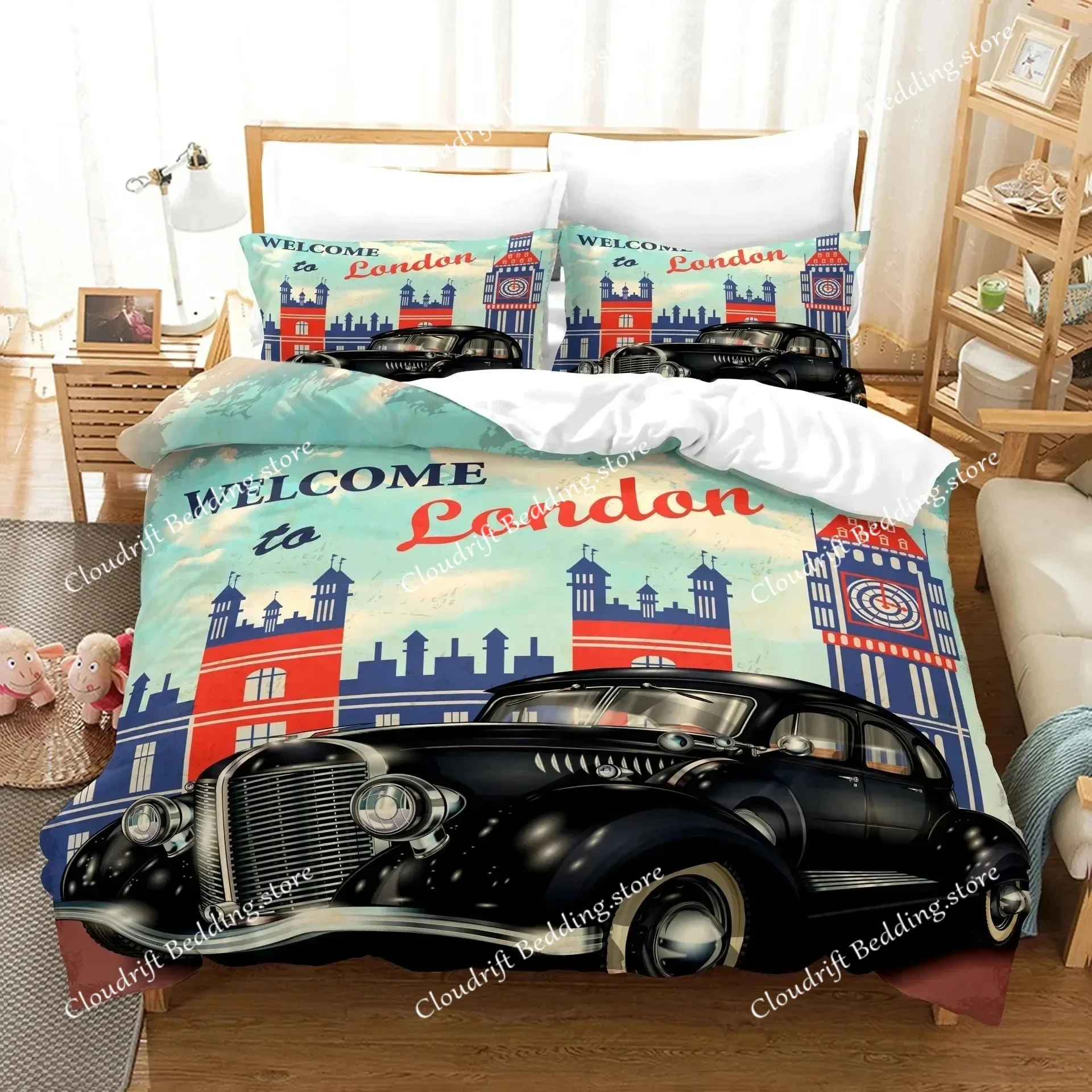 Cars Duvet Cover Traditional Old Car Race Nostalgic American Car Bedding Set Classic Cars Polyester Quilt Cover For Boys Teens