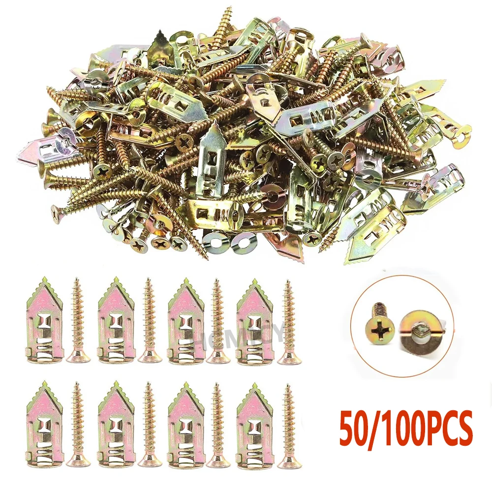 ชุดสกรูไม้แบบหนา 50/100 ชิ้น พร้อมเดือยยึดผนังสำหรับงาน DIY ติดตั้งบนผนังอย่างปลอดภัย พร้อมสกรูขยายและอุปกรณ์ยึด