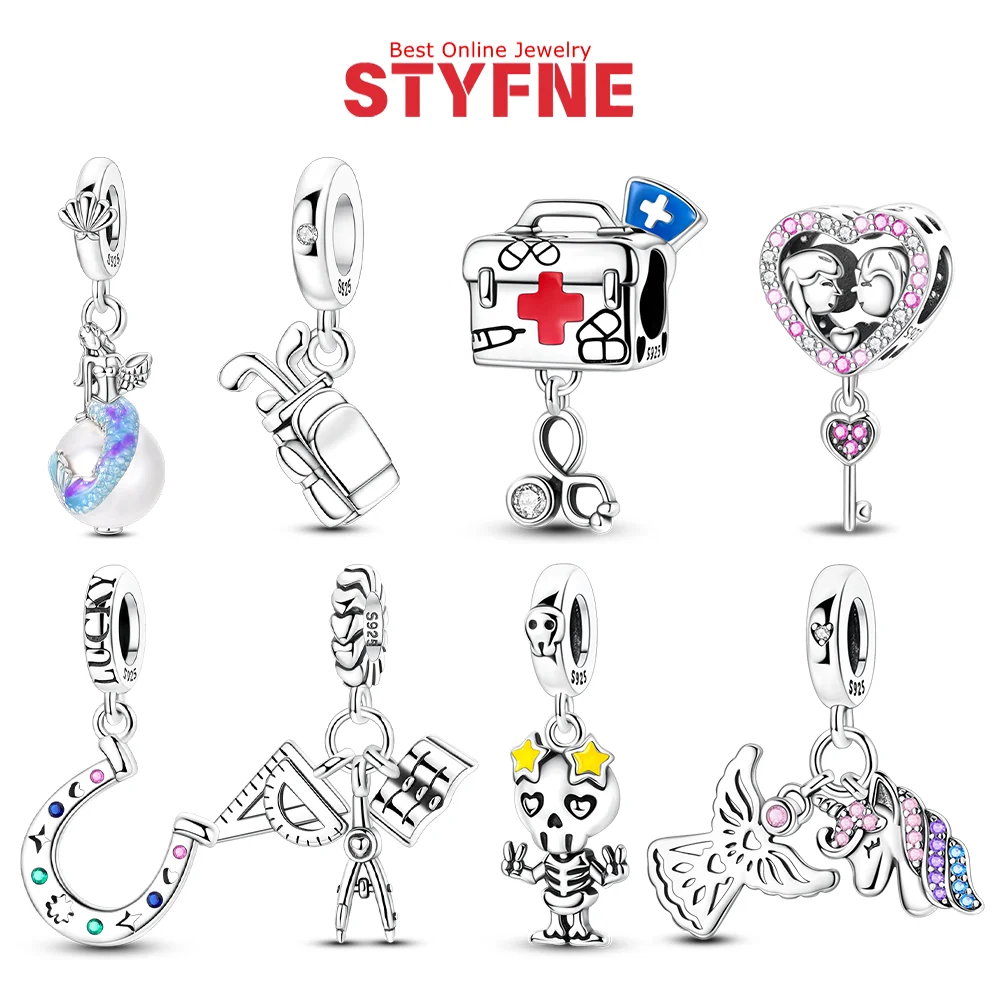 

Charms 925 Sterling Silver Love Key Mermaid Angel Unicorn Skull Beads Pendant Fit Diy Original Bracelet Women Jewelry Fine Gift