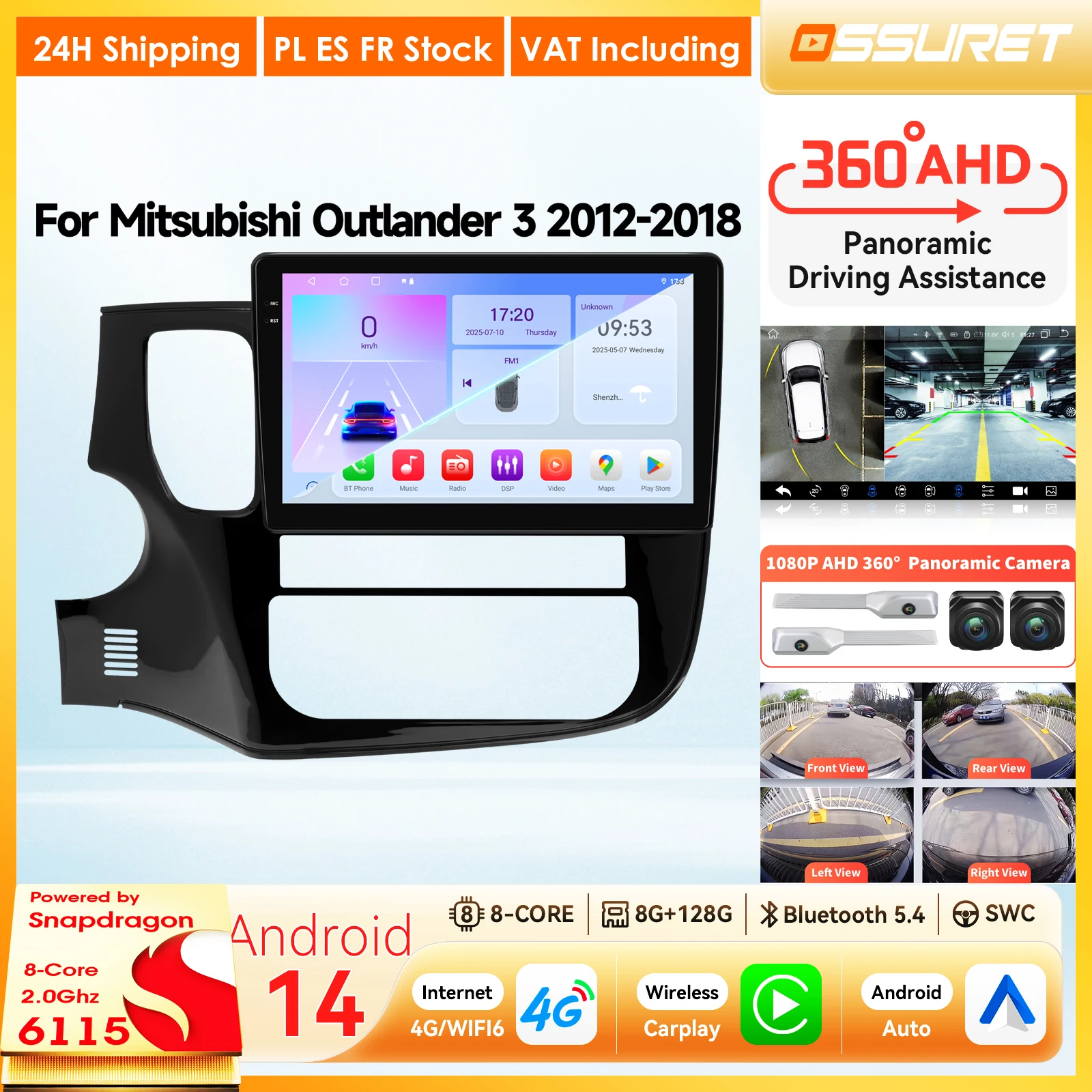 Autoradio Android per Mitsubishi Outlander 3 2012-2018, Carplay, Android Auto, lettore multimediale, telecamera a 360°, sistemi intelligenti