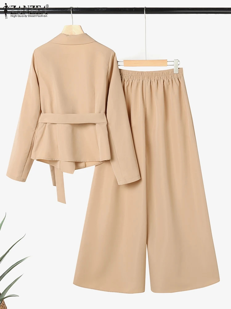 ZANZEA Women Elegant 2 Pieces Pant Sets Lightweight Long Sleeve Belted Blazer & Wide Leg Pant 2pcs Suits Office Commuting Sets