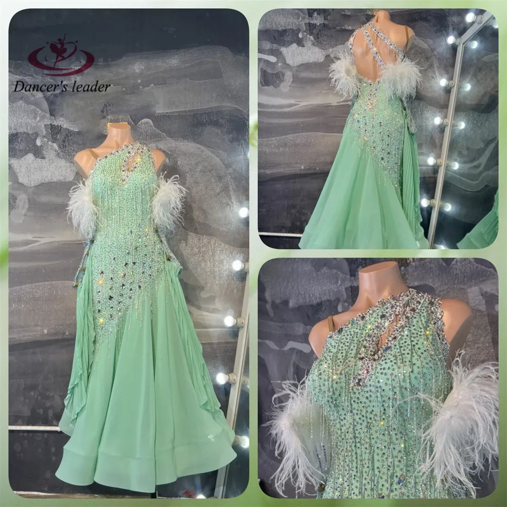 

Ballroom Dress High end Customized Wilderness Green Full Diamond Large Hem Cha Tango Female Adult Stage Professional Clothing