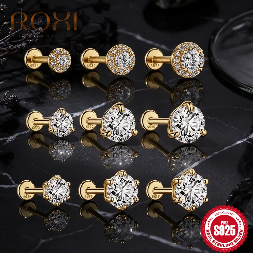 ROXI 1PC Gold S925 Silver Round Zircon Cartilage Stud Multi Size Halo CZ Piercing Minimalist Earring Daily Occasion Wear