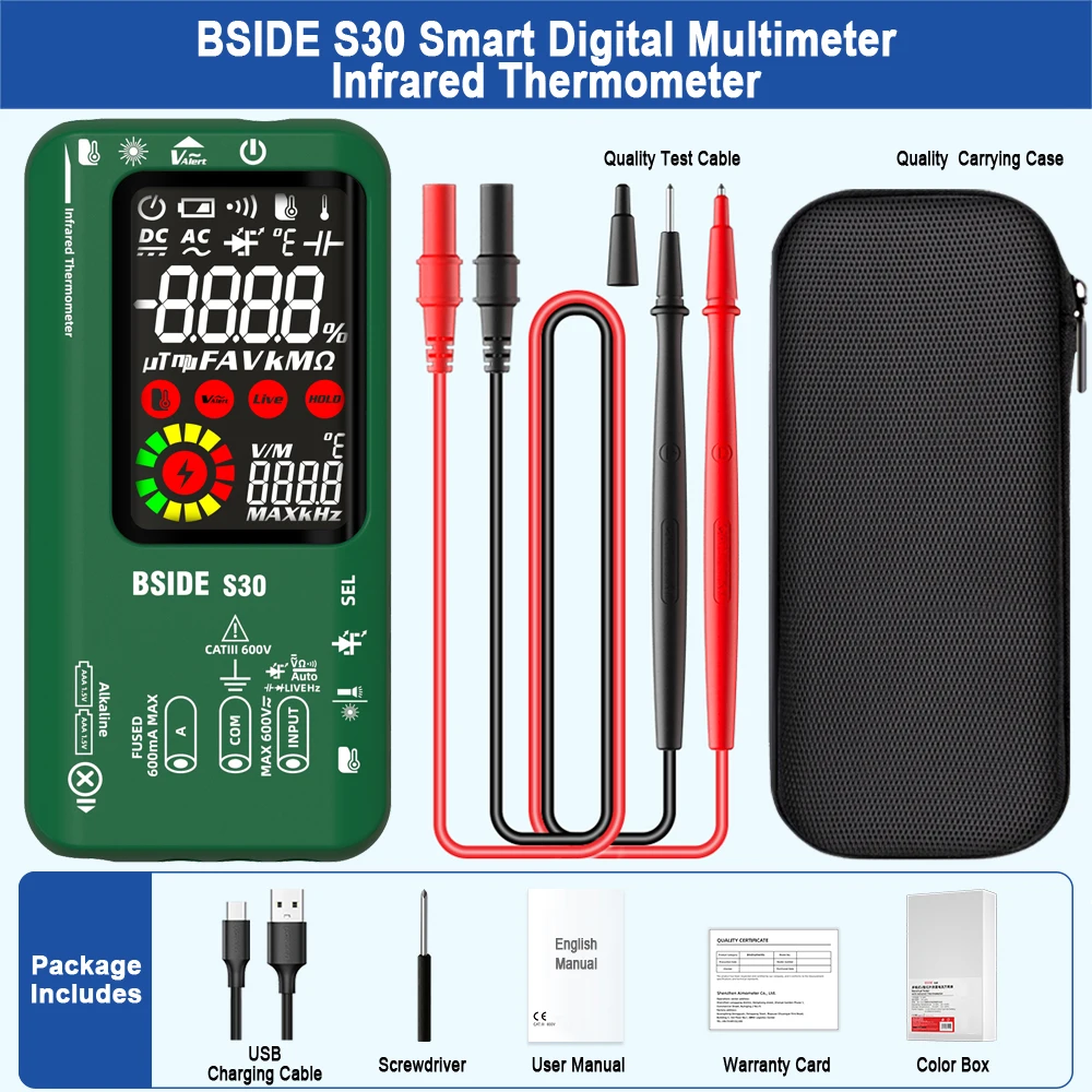 BSIDE Digital Multimeter Smart Infrared Temperature 15V Diode LED Tester True RMS 9999 DC AC Voltage Rechargeable Multiteter DMM