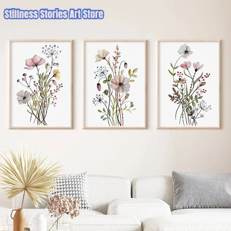 Watercolor Flower Poster Wildflower Art Print Nordic Botanical Canvas Painting Vintage Wall Art Picture Living Room Home Deco