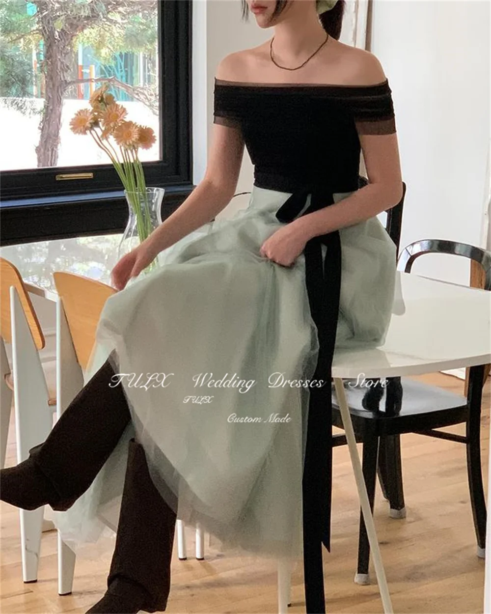 TULX Simple Black And Pink Korea Evening Dresses For Wedding Party Strapless Ankle Length Prom Gowns Formal Occasion Dress