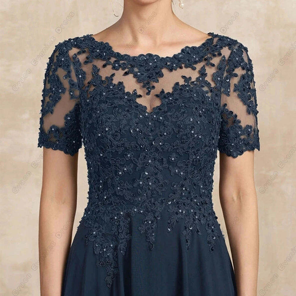 Navy Blue Short Sleeve Mother of Bride Dresses for Women Scoop Beach Wedding Party Dresses  with Lace 2023 Summer Robe De Mariée