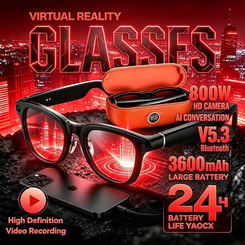 

2026 New 800W Camera 3600mAh Portable Charger Smart Glasses 100+languageTranslation Bluetooth Call Music Player AI Chat Glasses