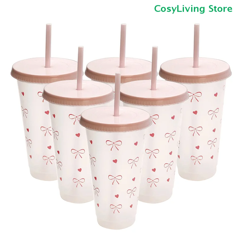 1Pcs Bowknot Plastic Cups With Straw Lid Water Bottle Aesthetic Tumbler For Ice Coffee Juice Tea Portable Drinking Bottle