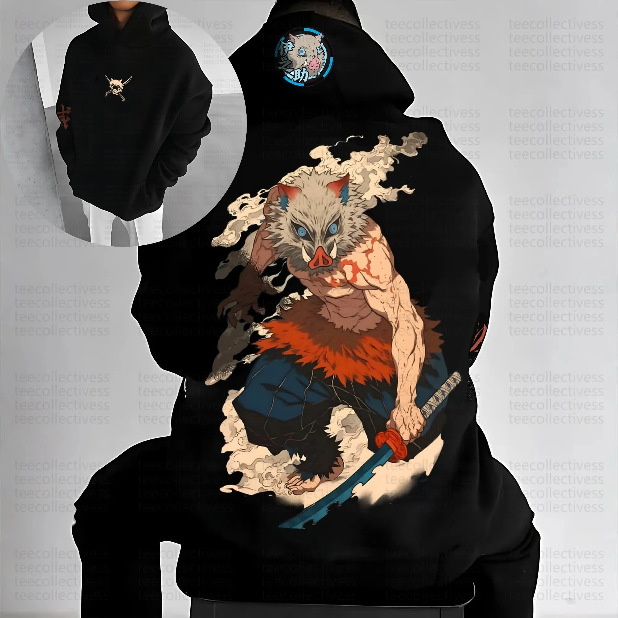 Demon Slayer zwarte hoodie heren 2025, winter anime Inosuke Hashibira rugprint zwijnmasker karakter met bloedig zwaard katoen