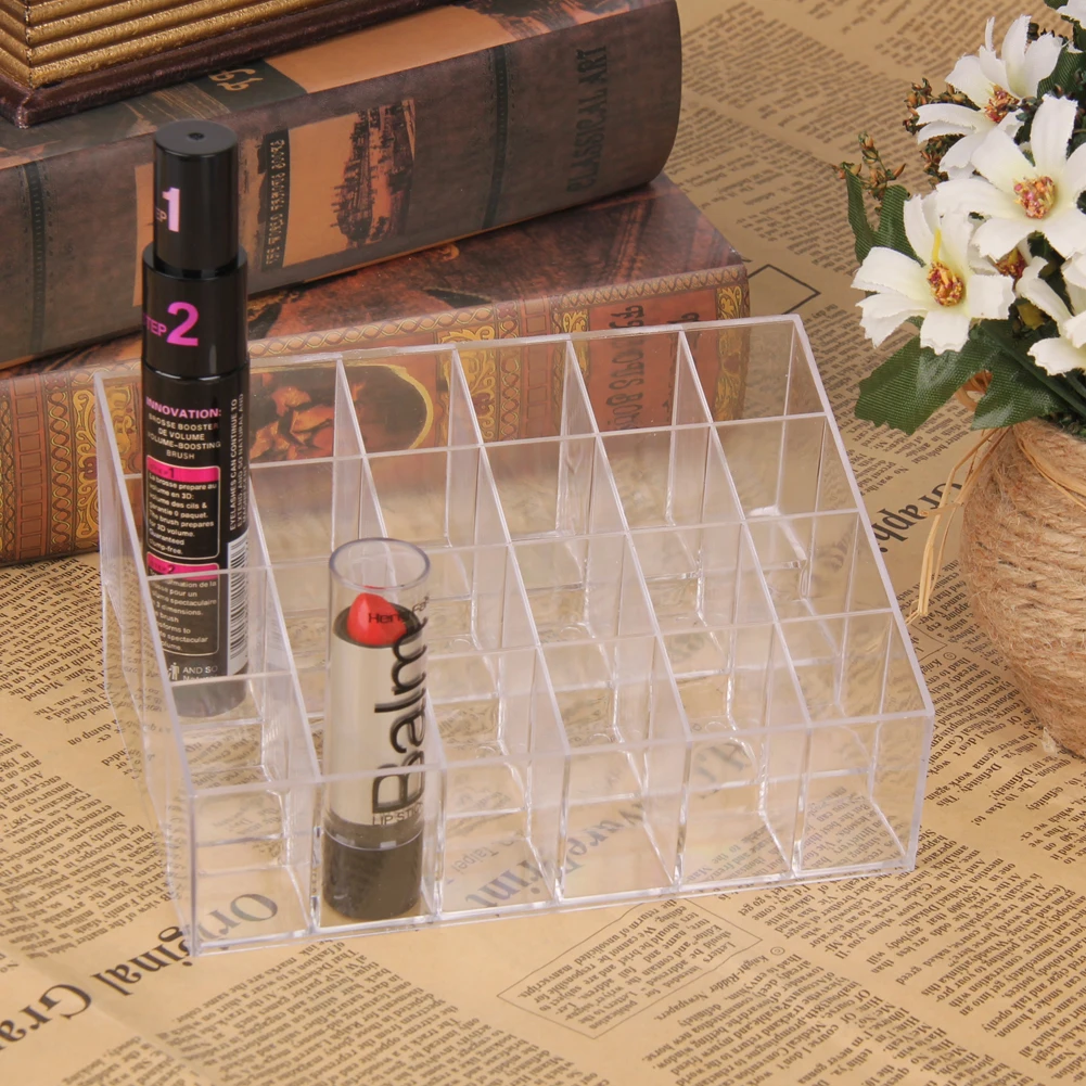 24 Grids Lipstick Storage Box Acrylic Makeup Organizer Clear for Brushes Bottles