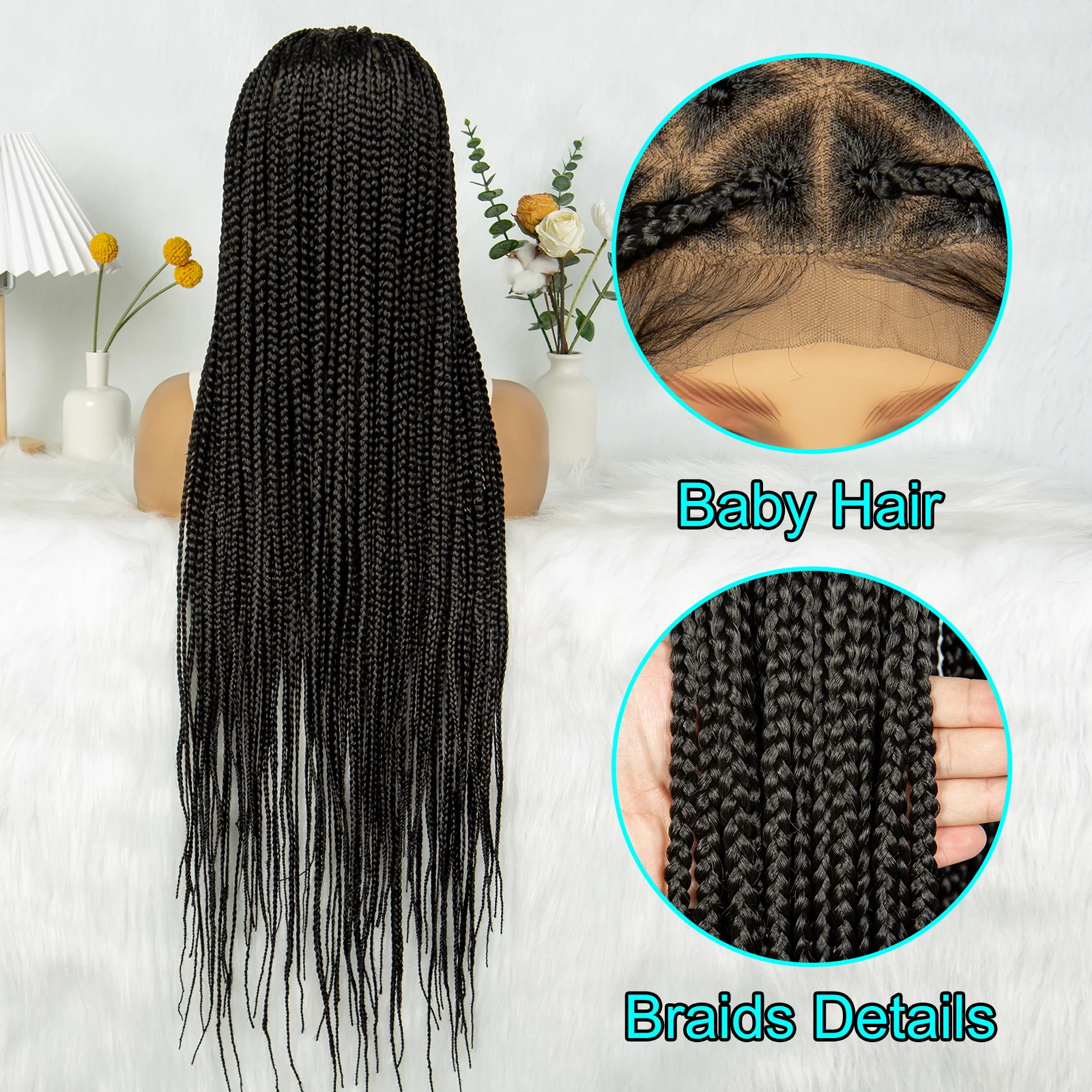 KIMA Transparent Full Lace Knotless Braided Wigs Synthetic Triangle Box 36 inches Long Braids Goddess Braids for Black Women