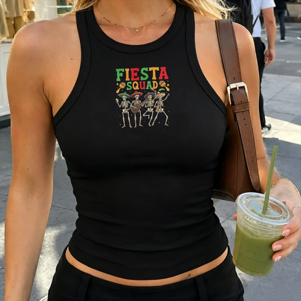 Y2K Geripptes Tanktop Fiesta Skelett Mariachi Party Tequila Sombrero Gitarre Musik Camisole Crop Top Figurbetont Lustige Outdoor-Tops