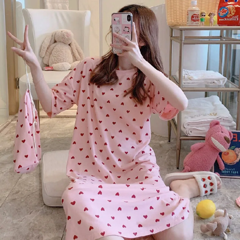 Women\'s Summer Nightgown Cute Mid-Length Nightgown Thin Home Wear Short-Sleeved Large Size Loose Maternity Pajamas