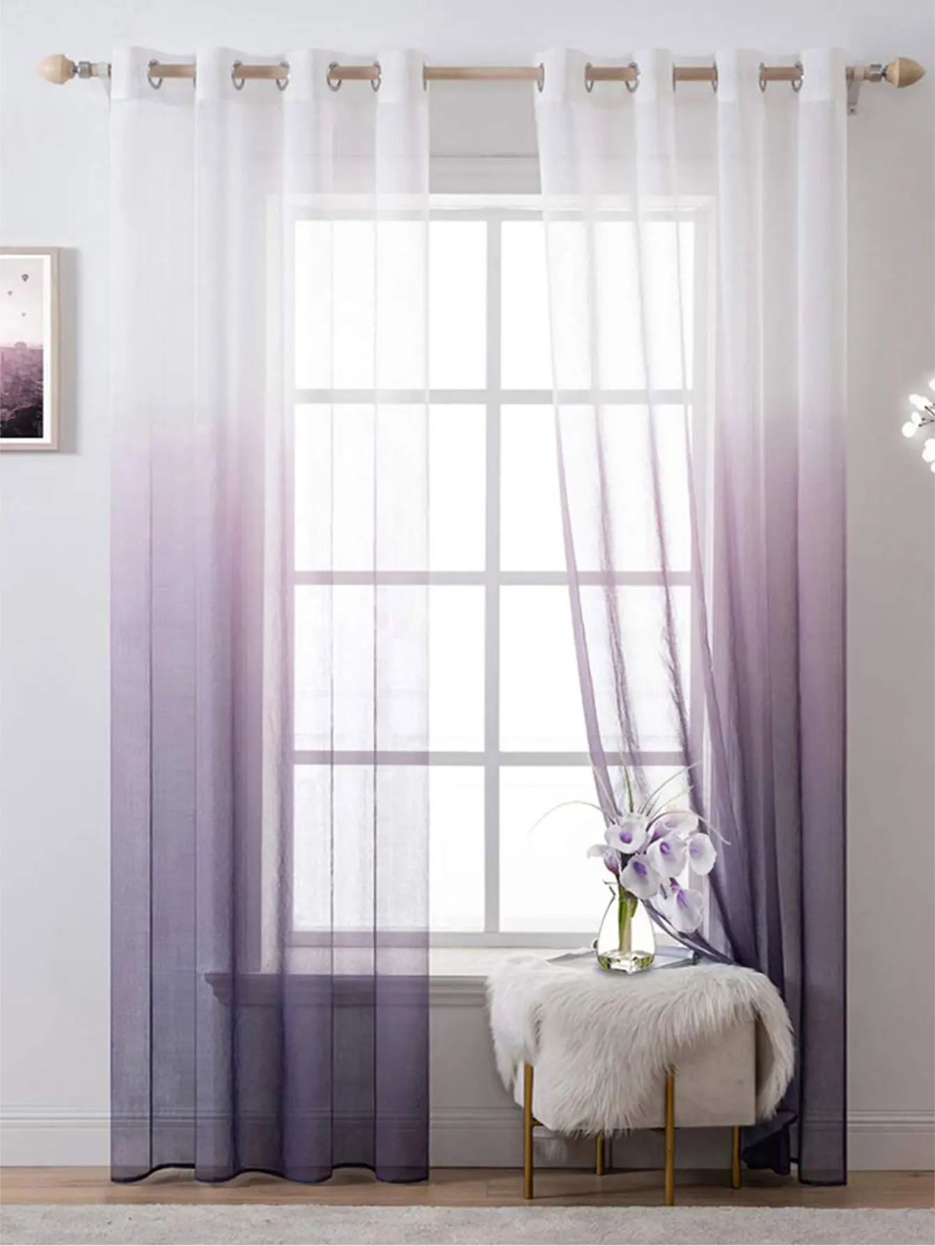 Purple White Contrast Gradient Breathable Grommet Top Curtain, Grand Decorative Gauze Curtains For Bedroom And Living Rooms