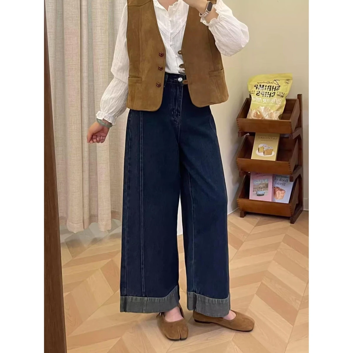 

High Waist Wide Leg Denim Jeans Women's Casual Color Blo Slimming Loose Fit Autumn New Sle Blue Cotton Polyester Blend