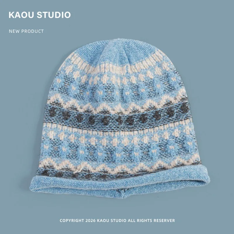 Japanische Retro-Fel-Island-Strickmütze mit gerolltem Rand für Damen, Herbst- und Winter-Outdoor-Warmmütze mit Ohrenschutz – Detail 6