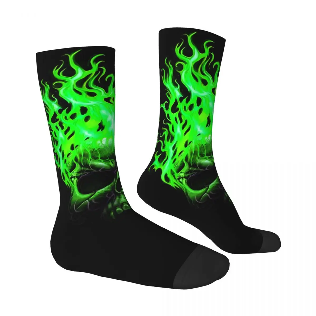 Green Flames Skull Stockings Printed Funny Socks Winter Non Slip Socks Men Running Quality Socks