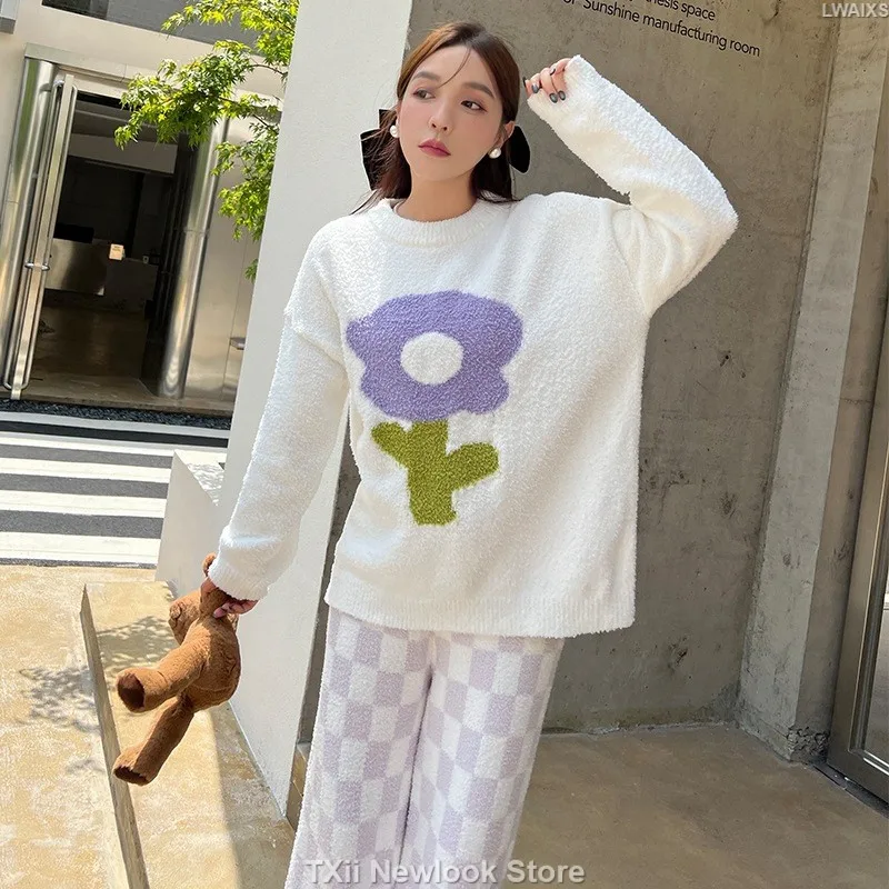 

Sweet Style Pajamas Women's Autumn Winter Long-sleeved Pullover Large Flower Prellis Pants Soft Thickened Knitted Home Clothes
