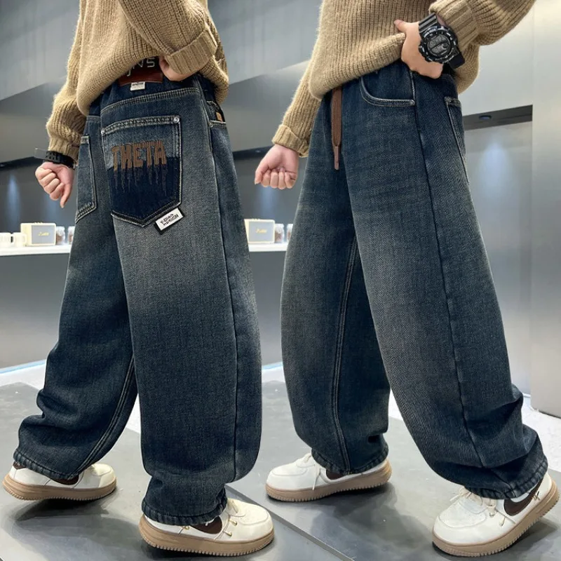 UNITIM Teens Boys Jeans Autumn Vintage 4-14Yrs Kids Boys Sticker Denim Pants 2026 Loose Elastic Waist Junior Boys Straight Pants
