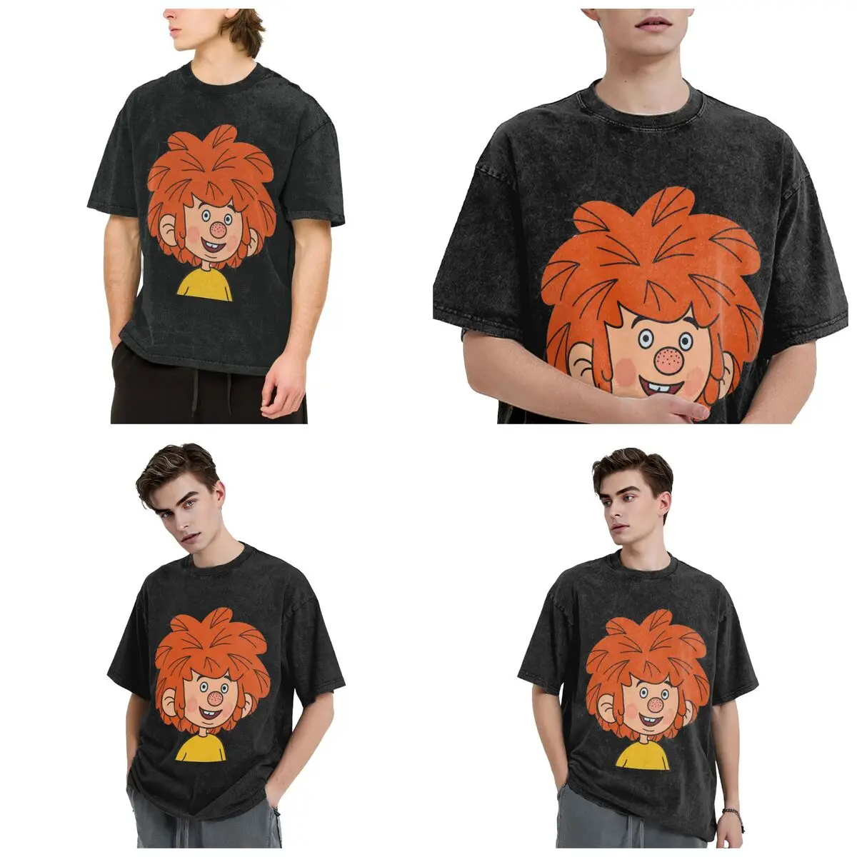 

Pumuckl Hip Hop Short Sleeve T-Shirts Washed Tops Tees Streetwear T Shirt Vintage for Men Women